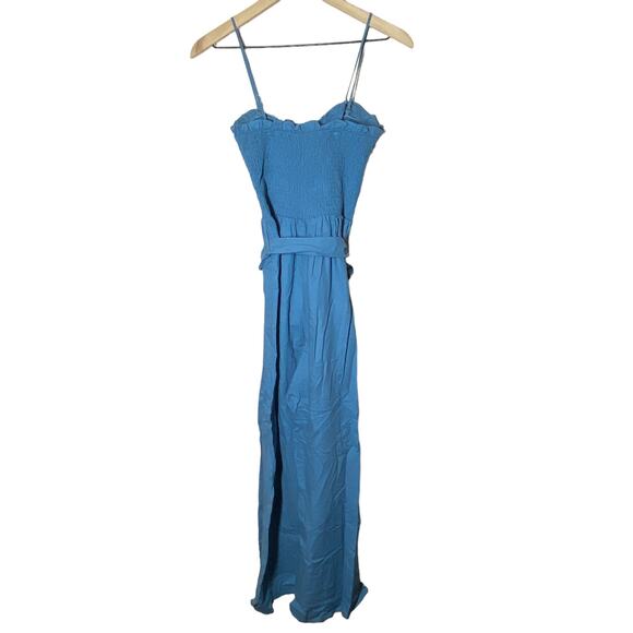 Lulu's Take A Wonder Denim Blue Smocked Linen Blend Wide-Leg Jumpsuit Size XS - Picture 7 of 10